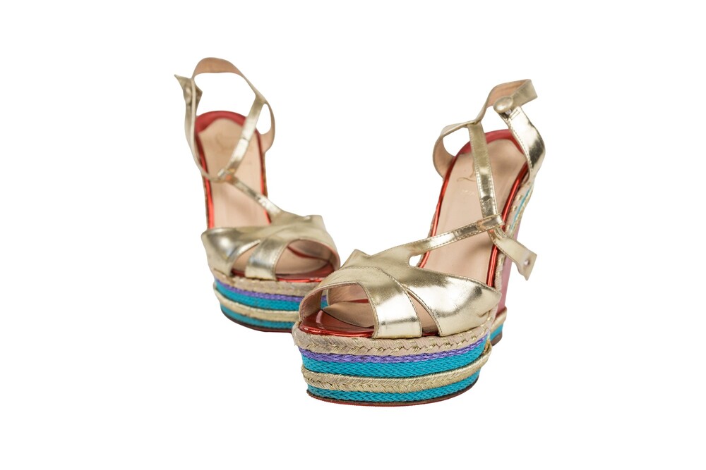 Christian Louboutin Gold Metallic Leather Espadrille Wedge Sandal Size 38